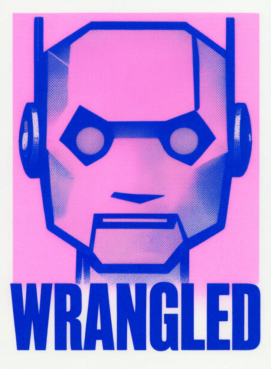 Two-ink print with deliberate misregistration and halftone grain.